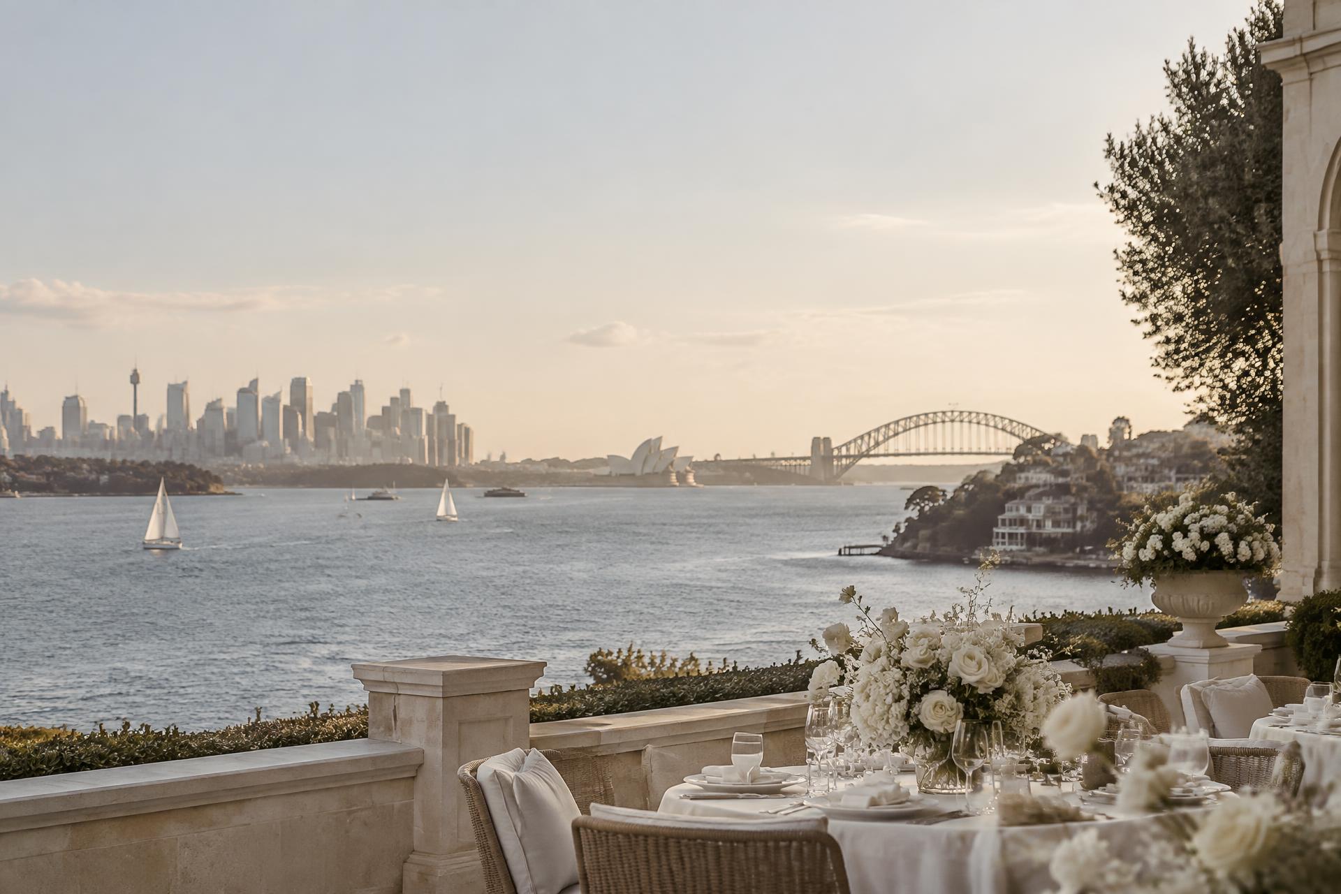 Sydney Harbour viewed from an elegant waterfront wedding setting